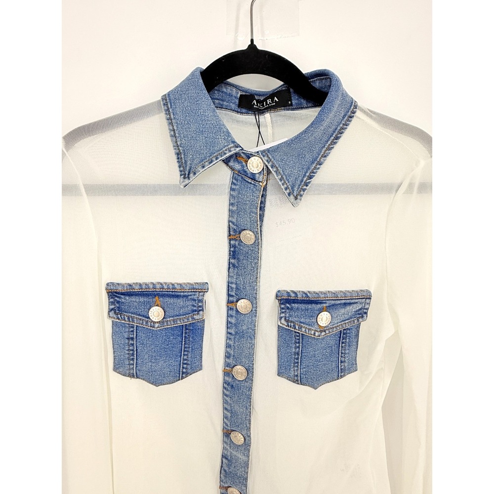 New Akira Womens Sheer Mesh Denim Trimmed Crop Top Size S Western Country y2k - Picture 2 of 8